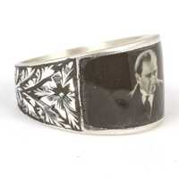 Anillo de Plata de Ley 925 con Forma de Rostro para Hombre, con Foto de Kemal Ataturk, Bisel de 2.1x1.5cm, Joyería Cultural Coleccionable para Uso Diario