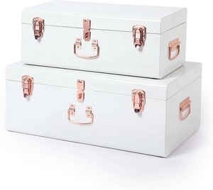 Beautify Ensemble de coffre de rangement en métal en acier de style vintage crème verrouillable et décoratif avec poignée en or rose - Product Image 2