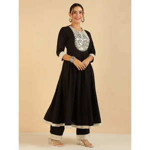 DEEBACO Conjunto coordinado de Kurta Anarkali de algodón sólido con bordado de espejo y Palazzo para mujer, atuendo tradicional para damas - Product Image 5