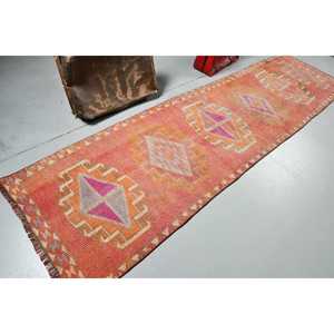 Alfombra Turca Herki Vintage de 2.9x11.6 pies (88x354 cm), Alfombra de Lana Marroquí Naranja - Product Image 2