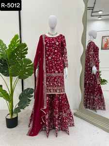 Traje de boda de estilo indio y pakistaní Faux Georgette Sharara con hilo y trabajo de secuencia Salwar Kameez con talla grande - Product Image 3