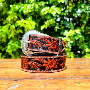 Latest 2026 Genuine Leather Western Hand <b>Tooled</b> Carving Classic Unisex 40MM <b>Belt</b> with Unique Attractive Design Western Buckle - Product Image 1