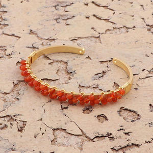Minimalist <b>Carnelian</b> Beaded <b>Bracelet</b> Handmade Wire Wrapped Gemstone Bangle Gold Plated Adjustable Fashion Bangles - Product Image 2