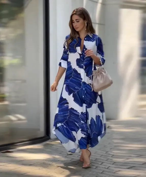 Bajo costo Western Wear Apple Cut Relaxed Fit Tropical Floral Impreso Long Shrug Style Shirt Dress