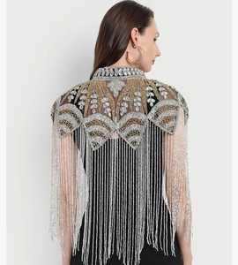 Robe de soirée burlesque festive, cape, perles, sequins, broderie, design asymétrique élégant, 100% polyester, mini col haut - Product Image 2