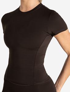 Venta caliente Espresso camiseta de gimnasio para mujer elástico de longitud completa de manga corta cuello redondo y poliéster nueva camiseta de entrenamiento de Yoga informal - Product Image 3