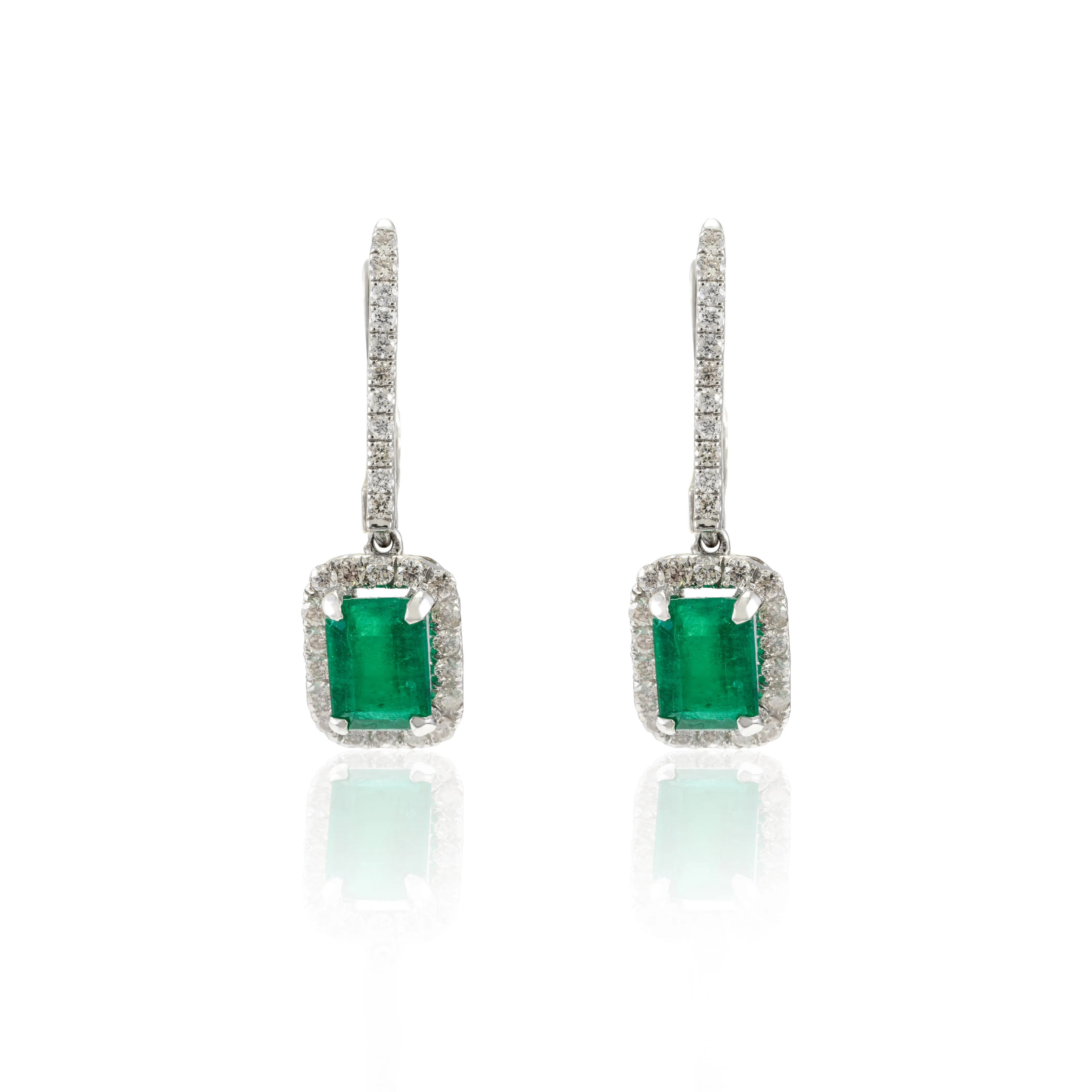 Unique Trendy Handmade 100% Authentic Natural Emerald & Diamond Drop Dangle Earrings 18k Solid White Gold May Birthstone Jewelry