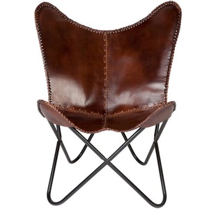100% mejor calidad Retro marrón oscuro cuero mariposa silla MARCO DE HIERRO plegable Silla de ocio para dormitorio al aire libre uso rústico - Product Image 1