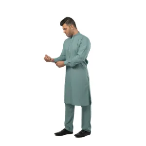 <b>Mens</b> Seafoam Green Salwar Kameez Cotton <b>Kurta</b> Pajama Band Collar Embroidered Semi Formal Ethnic Wear - Product Image 3