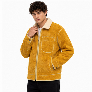 Veste d'hiver en polaire sherpa pour homme, personnalisée, épaisse, jaune moutarde, fermeture éclair intégrale, col rabattable, vêtement d'extérieur décontracté avec poche poitrine - Product Image 5