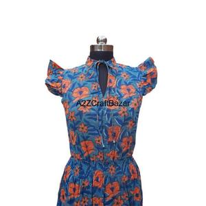 Élégant femmes 100% coton Midi robe moulante col en V écologique lavable nettoyage à sec Sexy respirant flore motif volants - Product Image 2