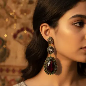 Pendientes Colgantes Vintage de Rubí, Esmeralda, Cobre y Latón, Joyería Religiosa de Moda para Fiestas, Chapados en Oro con Perla/Diamante/Circonita, Regalo Perfecto - Product Image 2