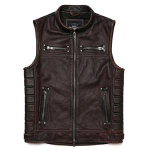 Gilet de moto en cuir véritable marron vintage pour hommes Gilet en cuir véritable de vachette avec vestes sans manches minces pour l'hiver - Product Image 1