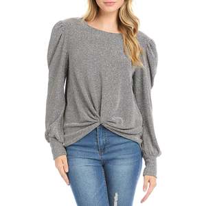 Karen Kane Top casual in maglia metallizzata con maniche a sbuffo e dettaglio frontale intrecciato, colore argento metallizzato, taglia L - Product Image 1