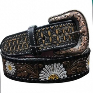 High Quality Western Leather <b>Tooling</b> <b>Belt</b> Floral Carving Full Grain DD Leather Best Quality Designer Cowboy Hand <b>Tooled</b> <b>Belt</b> - Product Image 2