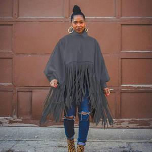 Manteau en laine à manches longues pour femmes grandes tailles avec franges - Product Image 2