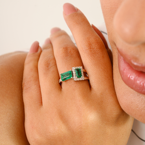 แหวนแต่งงานเพชรและมรกตธรรมชาติสำหรับผู้หญิงขายส่งเป็น100% อัญมณีธรรมชาติ K14แท้สีขาวทองสวยงาม - Product Image 4