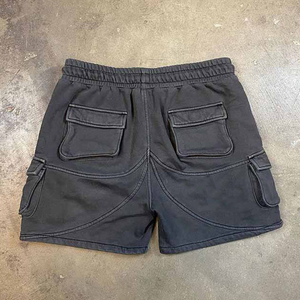 Custom Embroidered Logo Sweat <b>Shorts</b> Drawstring Multi Pocket Drawstring <b>Black</b> Cotton Acid Washed Cargo <b>Shorts</b> For <b>Men</b> - Product Image 2