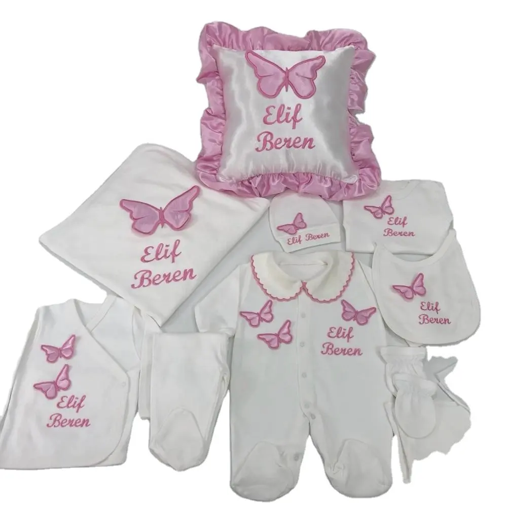 100% Baumwolle Stoff Strickkleid ung Bambus Custom Großhandel Hochwertige Neugeborene Neues Design Rosa Baby Stram pler Set Baby kissen