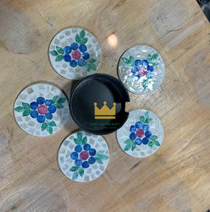 Elegant Design <b>Table</b> Top Handcrafted Mother <b>of</b> Pearl Inlay Round <b>coaster</b> with Holder <b>Set</b> <b>of</b> <b>6</b> Pcs - Product Image 1