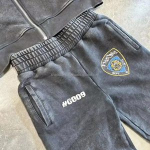 <b>Black</b> Acid Washed Full <b>Zip</b> <b>up</b> Vintage Distressed Stone Wash Streetwear Sweatsuit Flared Sweatpants and <b>Hoodie</b> Set Men Tracksuits - Product Image 6