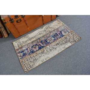 Alfombra Pequeña Vintage de 2.3x3.6 pies, Alfombra Turca de Lana con Diseño a Cuadros Azules - Product Image 1