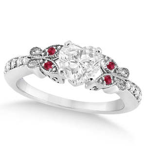 Anillo de Compromiso de Oro Blanco de 14K con Diamante en Forma de Corazón y Mariposa de Rubí, Anillos de Diamantes de 1.00ct - Product Image 1