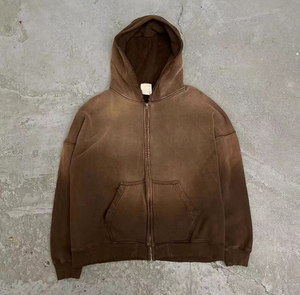 2025 nuevo diseño de algodón con cremallera Sun Fade pantalones de chándal y lavado ácido con capucha conjunto logotipo personalizado chándales Vintage de gran tamaño para hombres - Product Image 2