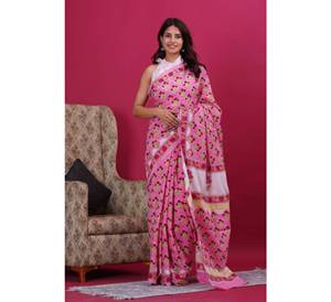 Mulmul Sari léger en coton à séchage rapide pour femmes, bloc dessiné à la main, vêtements de fête imprimés pour l'été, vêtements indiens/pakistanais - Product Image 4
