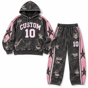 Ensemble jogging et sweat à capuche oversize personnalisé effet délavé pour femme, noir et rose, motif étoile, survêtement déchiré deux pièces, tenue streetwear - Product Image 4