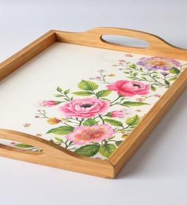 Plateau de service rond en bois naturel, blanc, or, motif floral d'hortensia, avec poignées, pour la maison, la cuisine, la table basse, organisateur de nourriture et de boissons - Product Image 2