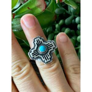 Navajo Made Kingman <b>Turquoise</b> Sterling Silver Zia <b>Ring</b> Bezel Set Inlay Rose <b>Gold</b> & <b>Gold</b> Plated Brass Gift Ready - Product Image 2