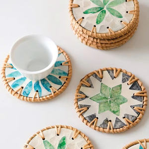 Posavasos redondo de cerámica con esmalte de vidrio de colores y Marco de ratán blanco, taza de té, alfombrillas para aperitivos, almohadillas para bebidas - Product Image 5