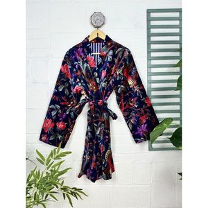 Luxury Unisex Robe Floral Blue Malibu Bluish Velvet <b>Kimono</b> <b>Jacket</b> Reversible <b>Silk</b> Lined Soft Autumn Winter Gift - Product Image 1