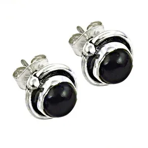 Classic 925 <b>Silver</b> <b>Stud</b> <b>Earrings</b> with Black Onyx Bezel Setting Unisex Everyday Wear Brand a From Rajasthan - Product Image 1
