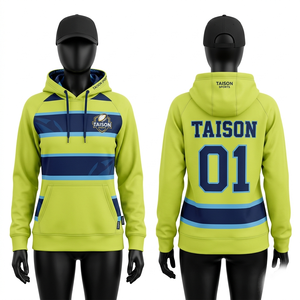 Sudadera con capucha de rugby de felpa de algodón y poliéster premium de 320 GSM, beige y azul marino con paneles en contraste, apliques bordados y logotipo personalizado. - Product Image 4