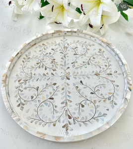 Plateau de service en bois écologique en six pièces, ensemble de sous-verres à poignée en nacre avec motif floral et perles décoratives, plateau en bois - Product Image 3