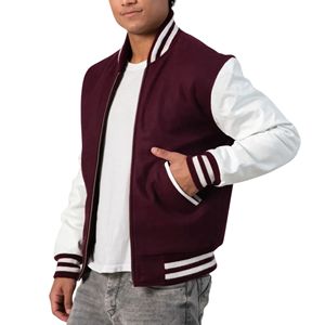 Chaqueta Varsity Unisex con Cierre, Cuerpo de Lana Melton, Mangas de Cuero, Ribete Acanalado, Forro Acolchado, Estilo Universitario Vintage, Diseño de Parches - Product Image 3