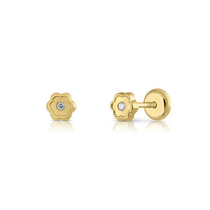 Pendientes de oro de 6 pétalos con piedra CZ, joyería para niños - Product Image 1
