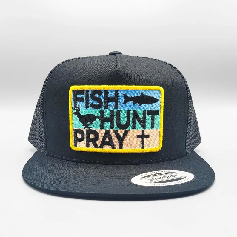 मछली हंट प्रार्थना Trucker टोपी, रेट्रो रंगीन मछली पकड़ने पर कशीदाकारी पैच काला जाल Snapback, लोगो कस्टम टोपी उपहार मछुआरे के लिए