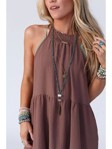 เดรสยาวผ้าเครปผ้าฝ้ายทรงหลวมใส่สบายเบอร์กันดีชุดชายหาดสำหรับผู้หญิงเดรสแม็กซี่คอเหลี่ยมลำลองสำหรับวันหยุด - Product Image 3