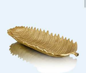 Plateau de service alimentaire en aluminium fabriqué en usine en Inde Plateau de fruits en forme de feuille fini or brillant pour la décoration de la maison. - Product Image 6