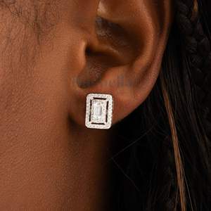 Hop Selling Women's 925 Sterling Silver Emerald Cut Jewellery Moissanite Emerald Clustered Diamond Earrings - Product Image 1