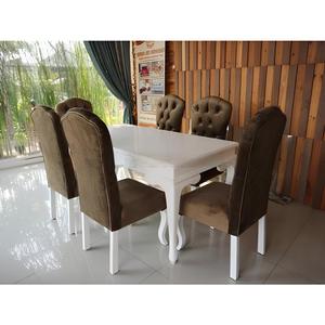 Ensemble de salle à manger moderne capitonné 7 pièces, table rectangulaire et chaises rembourrées, mobilier de banquet marron et blanc - Product Image 3