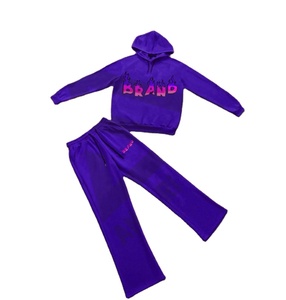 Winter Manufacturer Custom Tracksuit Sweatsuit Set Premium Cotton Hoodie Pants Acid Washed Rhinestone Embroidery Screen Printed - Product Image 2