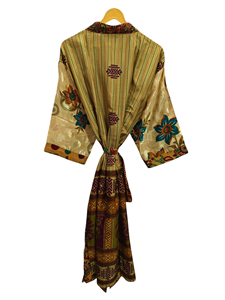 ชุดคลุมอาบน้ำผ้าไหมส่าหรีรีไซเคิลชุดคลุมยาวชุดคลุมสำหรับกลางคืนชุดกิโมโนผ้าไหมส่าหรีแบบรีไซเคิลลายดอกไม้สไตล์วินเทจ - Product Image 3