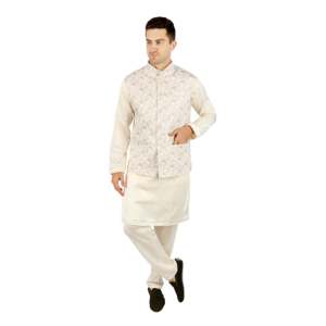 Ensemble de cérémonie indien traditionnel TRILOKI Ikkat 3-en-1 haut de gamme en coton 100% lavable, comprenant Kurta, Pyjama et Gilet à manches longues - Product Image 2