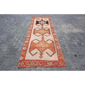 Alfombra Turca de 3.4x10.6 pies, Alfombra Vintage, Alfombra de Lana con Diseño de Camuflaje Naranja Marrón - Product Image 1