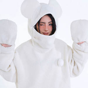 Sudadera con Capucha Sherpa Estampada con Diseño Desgastado, Color Blanco, Estilo Holgado, Cuello con Capucha, Servicio de Bajo Pedido Mínimo - Product Image 4