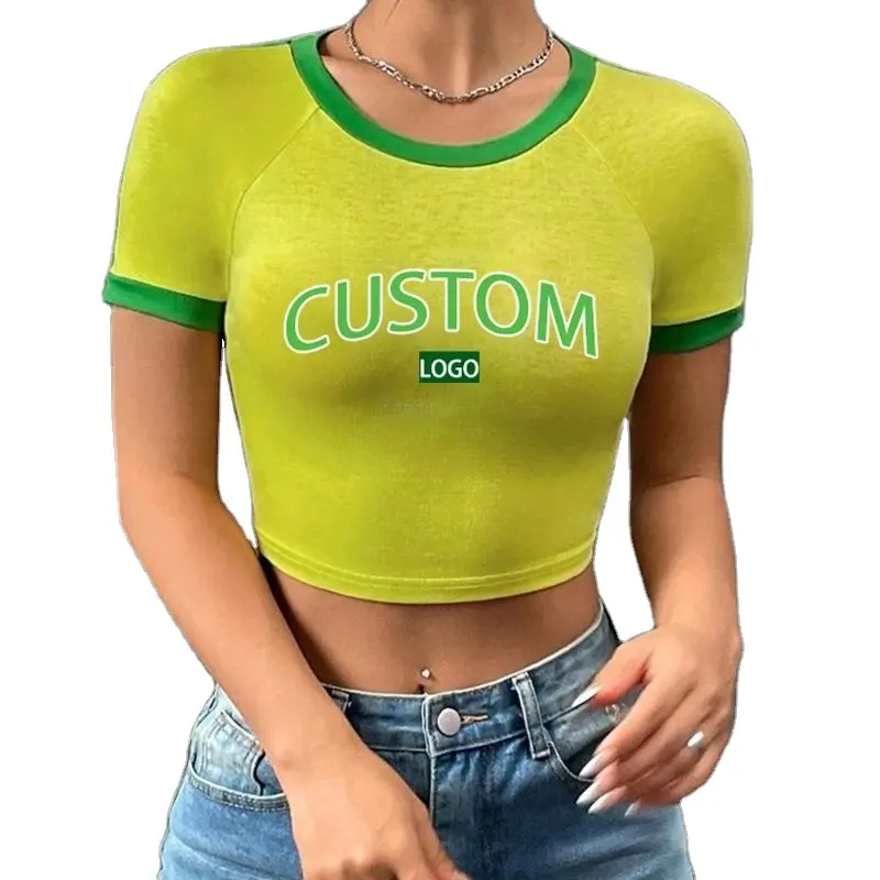 Camiseta estética brasileira com estampa de croptop, camiseta de dois tons, moda feminina, top slim crop, camiseta de verão para meninas à venda